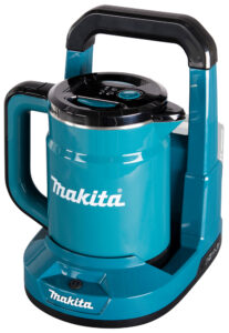 Makita DKT360 sladdlös vattenkokare med bärhandtag och 0,8 liters kapacitet – perfekt för arbetsplats och utomhusbruk.