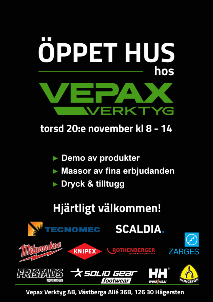 Öppet hus på Vepax den 20:e november 2025. Fina erbjudanden och leverantörer på plats. Mat och dryck.